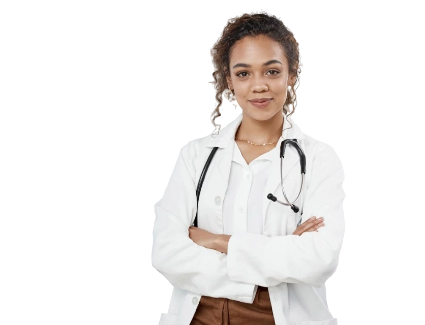 Mixed race woman doctor with arms crossed with a stethoscope around her neck