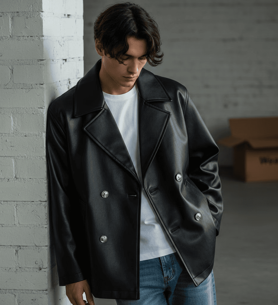 Young man in black leather double-breasted jacket jeans looking at the bottom