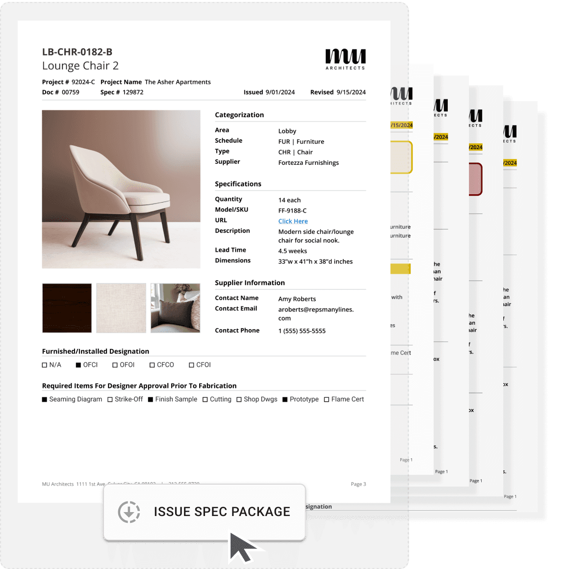 Graphic depiction of several ff&e spec sheets layered on top of one another.