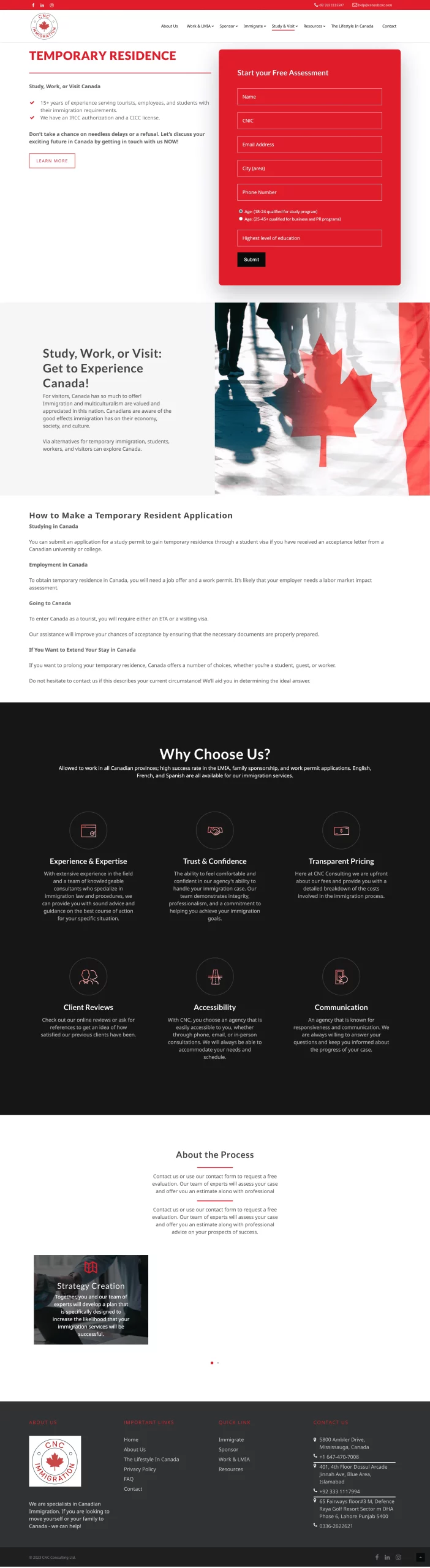 Temporary Residence Study page for consultcnc website developed & designed by Dreams Agency Mississauga, Ontario