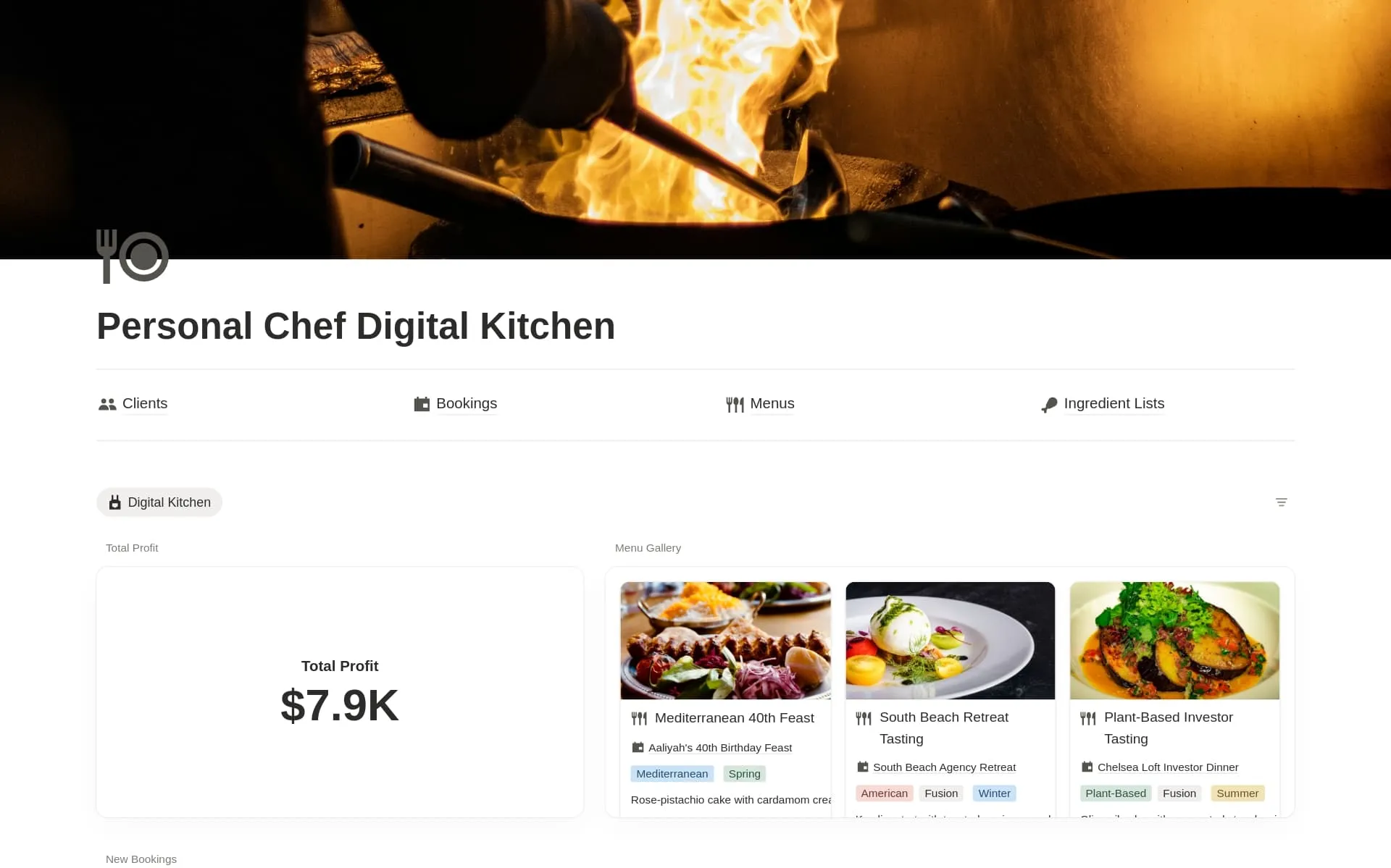 Screenshot of the Personal Chef Digital Kitchen Notion system showing client bookings, menus, and ingredient shopping lists.