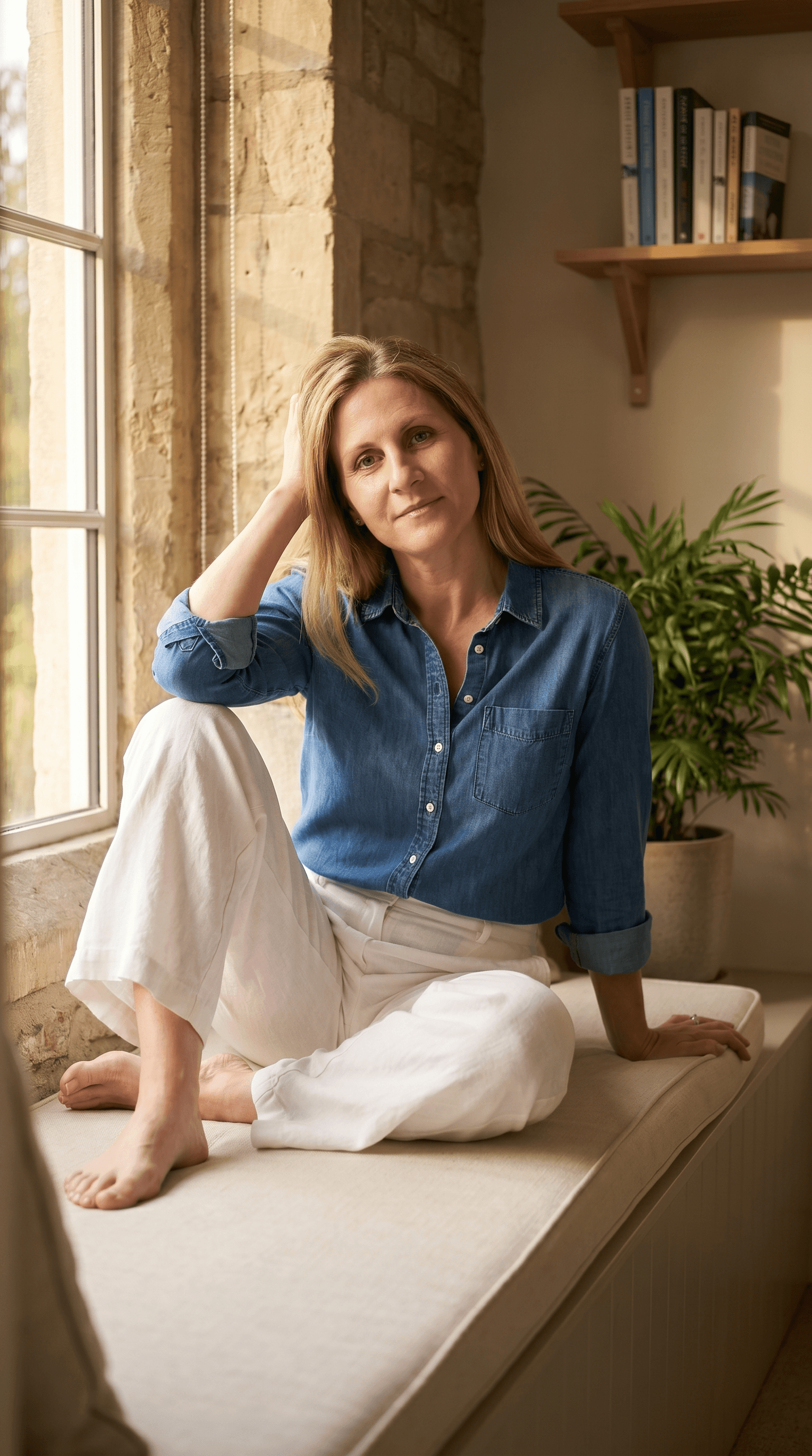 Woman over 40 sitting by a sunlit window in a calm home interior, representing creators building digital products.