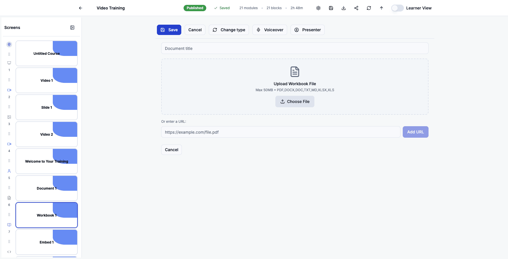 Click Choose File to upload a different workbook template for learners to complete.