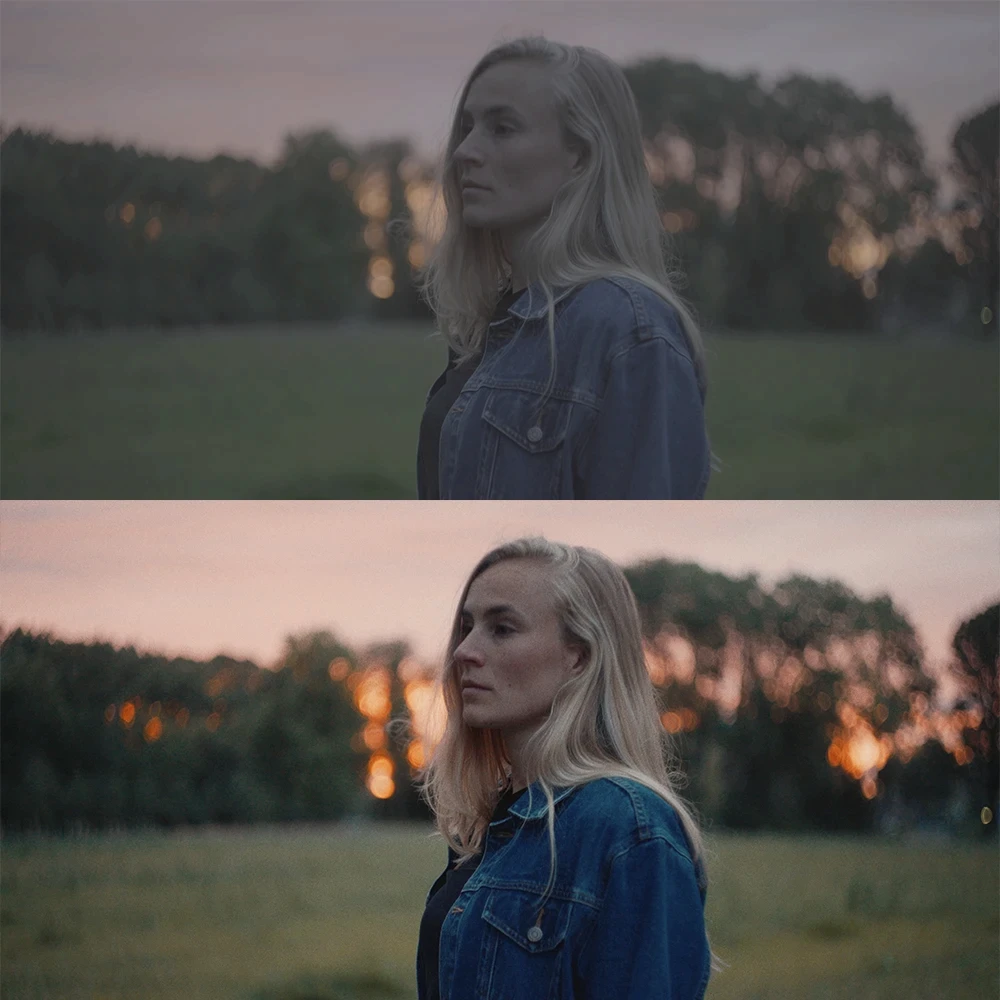 Pretty blonde girl looking in the distance during sunset