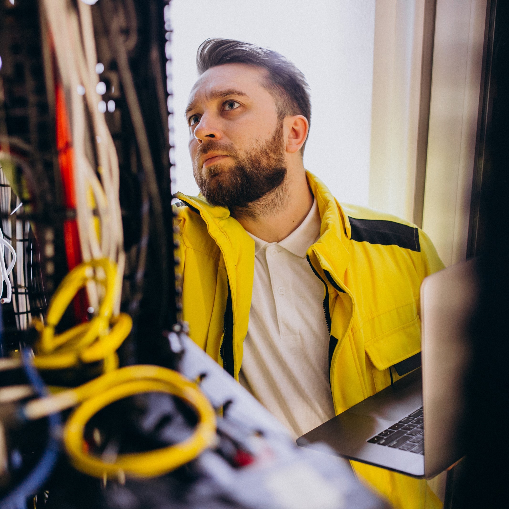 Network technician in a yellow reflective jacket troubleshooting server hardware in a data rack with a laptop, showcasing the critical role of technical expertise in maintaining digital infrastructure.