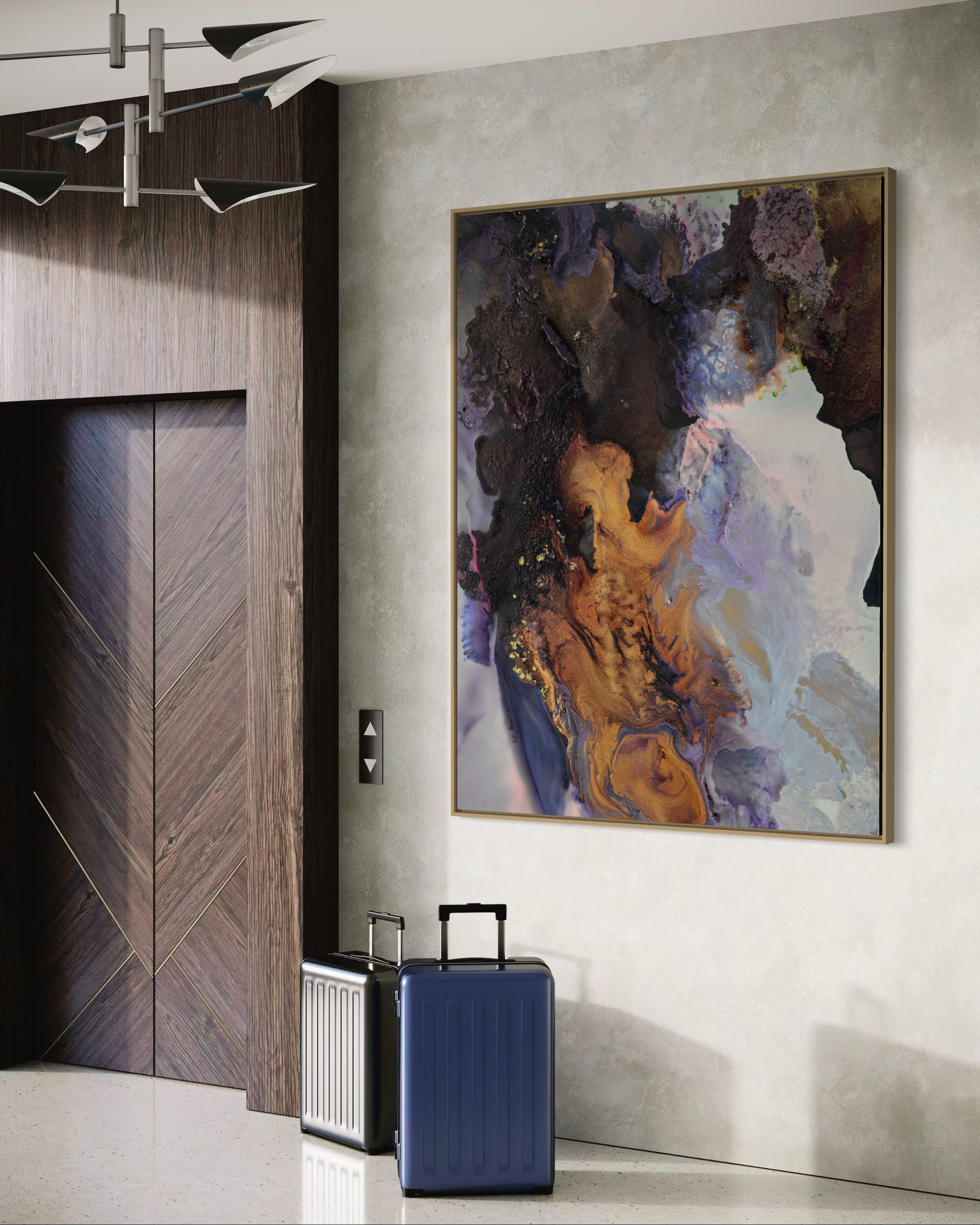 A modern gallery with paintings and skylights