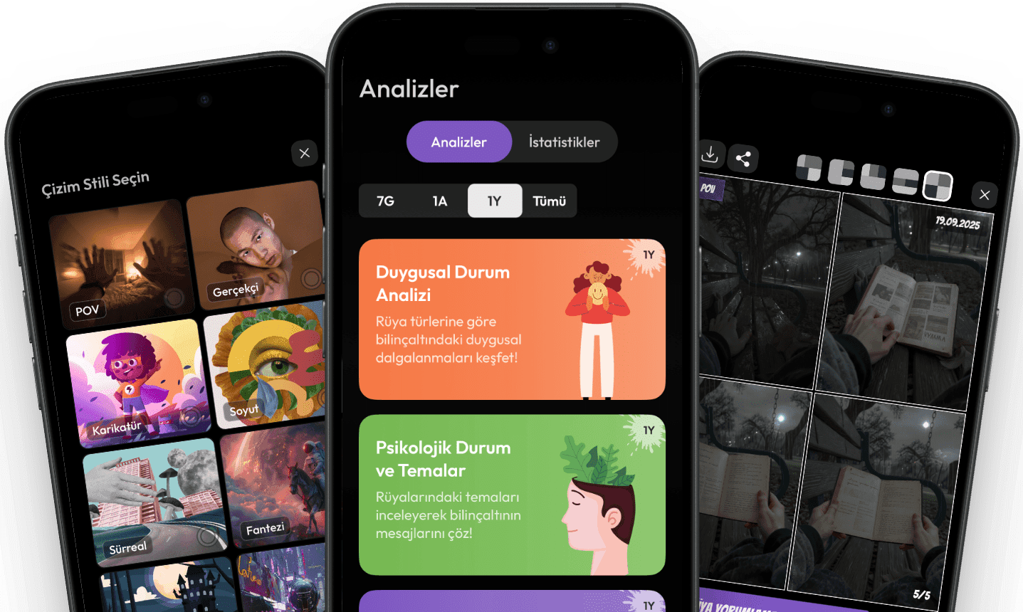 Asteria mobil uygulaması ekran görüntüleri — rüyalarını kaydet, analiz et ve görselleştir.