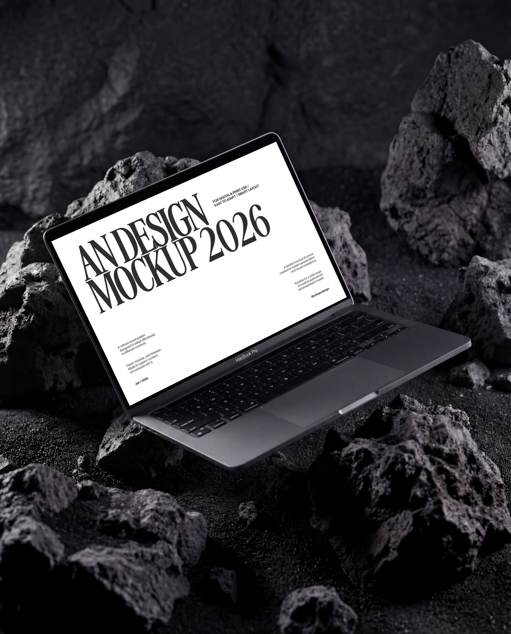 Laptop mockup on dark rock surface, realistic display