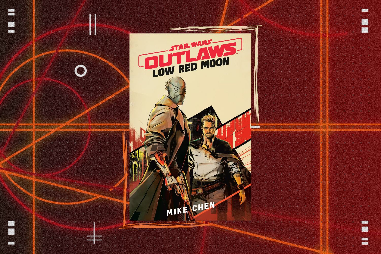 Cover for Star Wars Outlaws: Low Red Moon by Mike Chen over a red geometric background