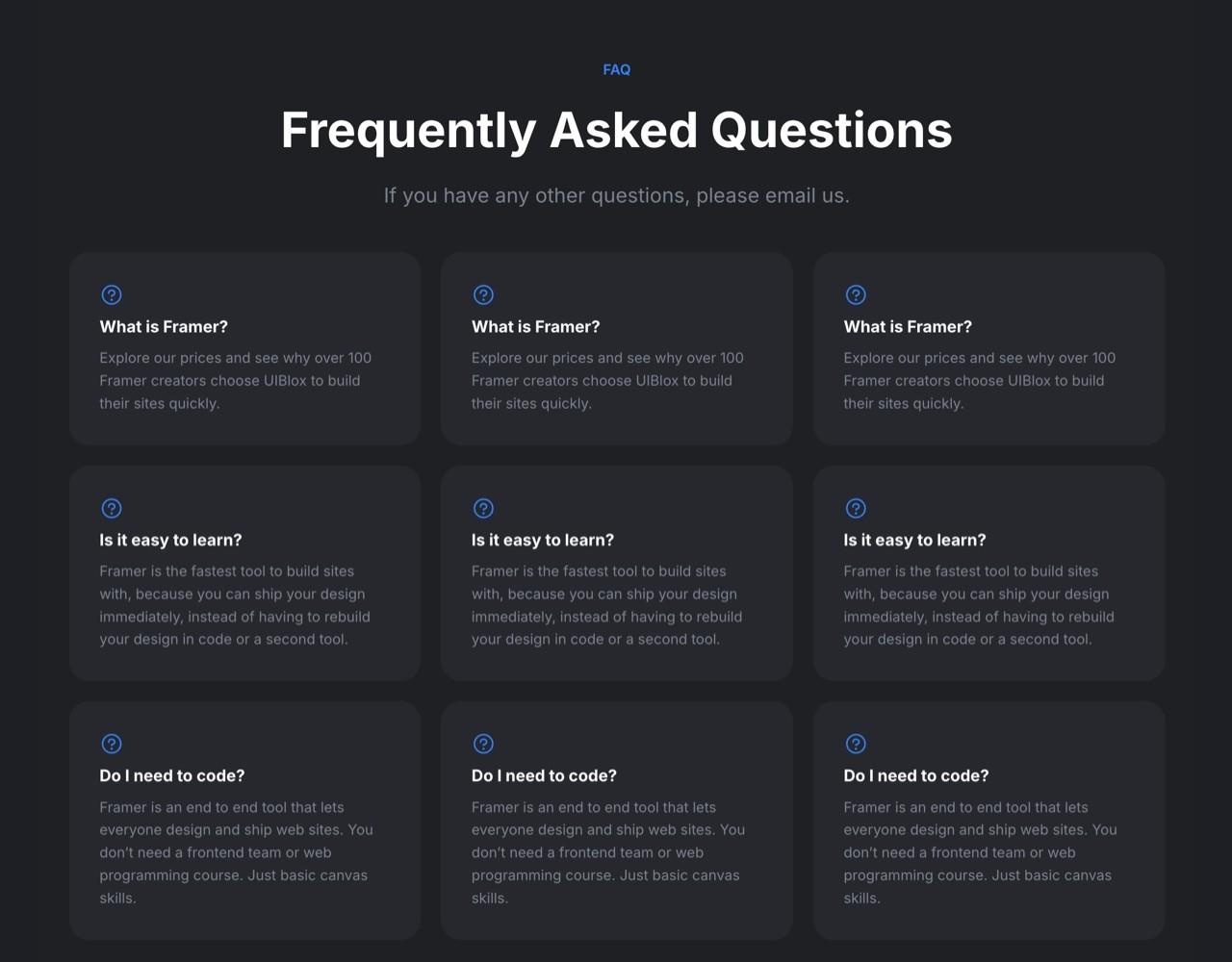 Framer Dark FAQ Section - Frameblox UI