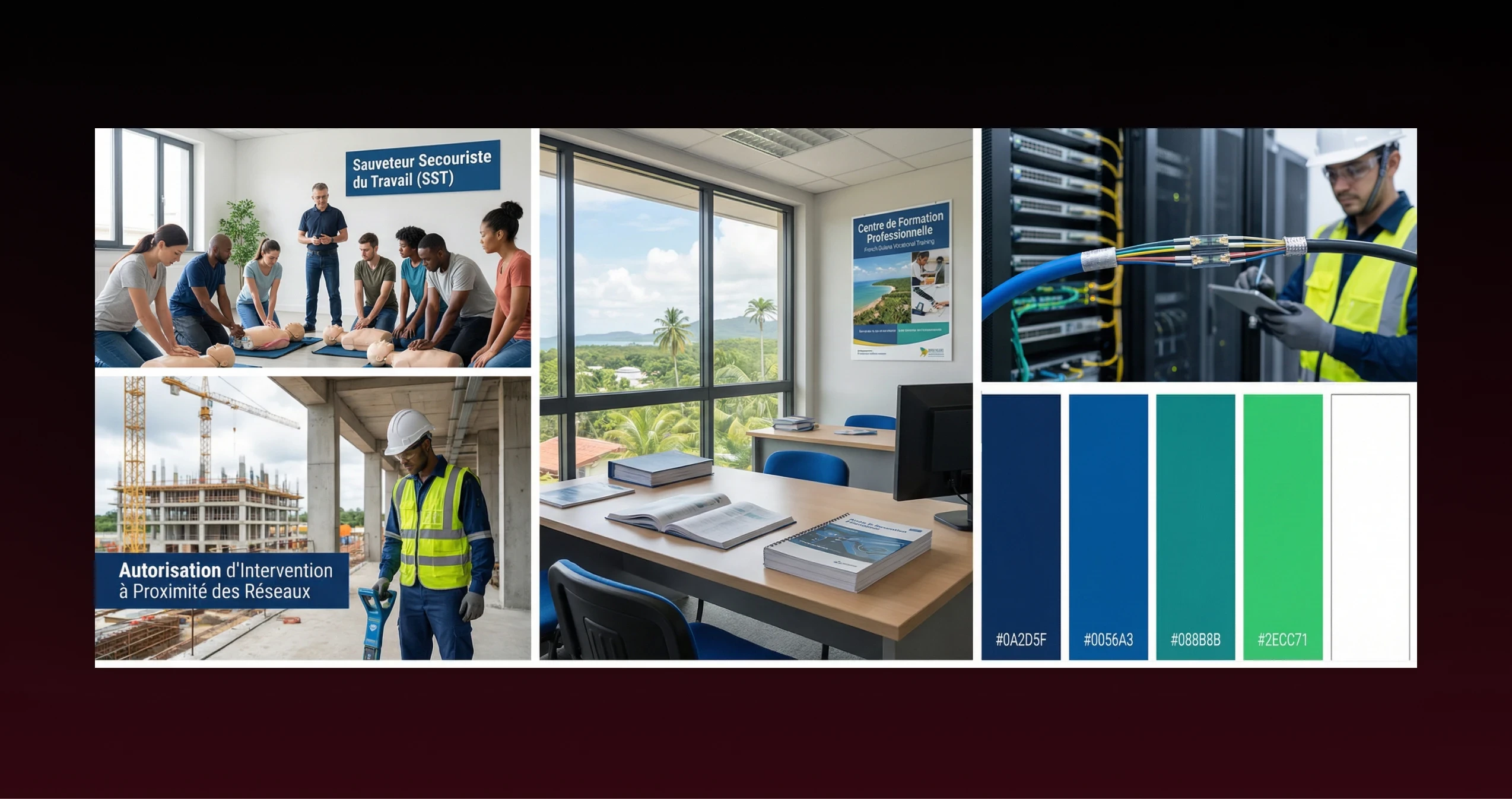 Moodboard du projet : formation SST, chantier, salle de cours en Guyane et palette de bleus et de verts