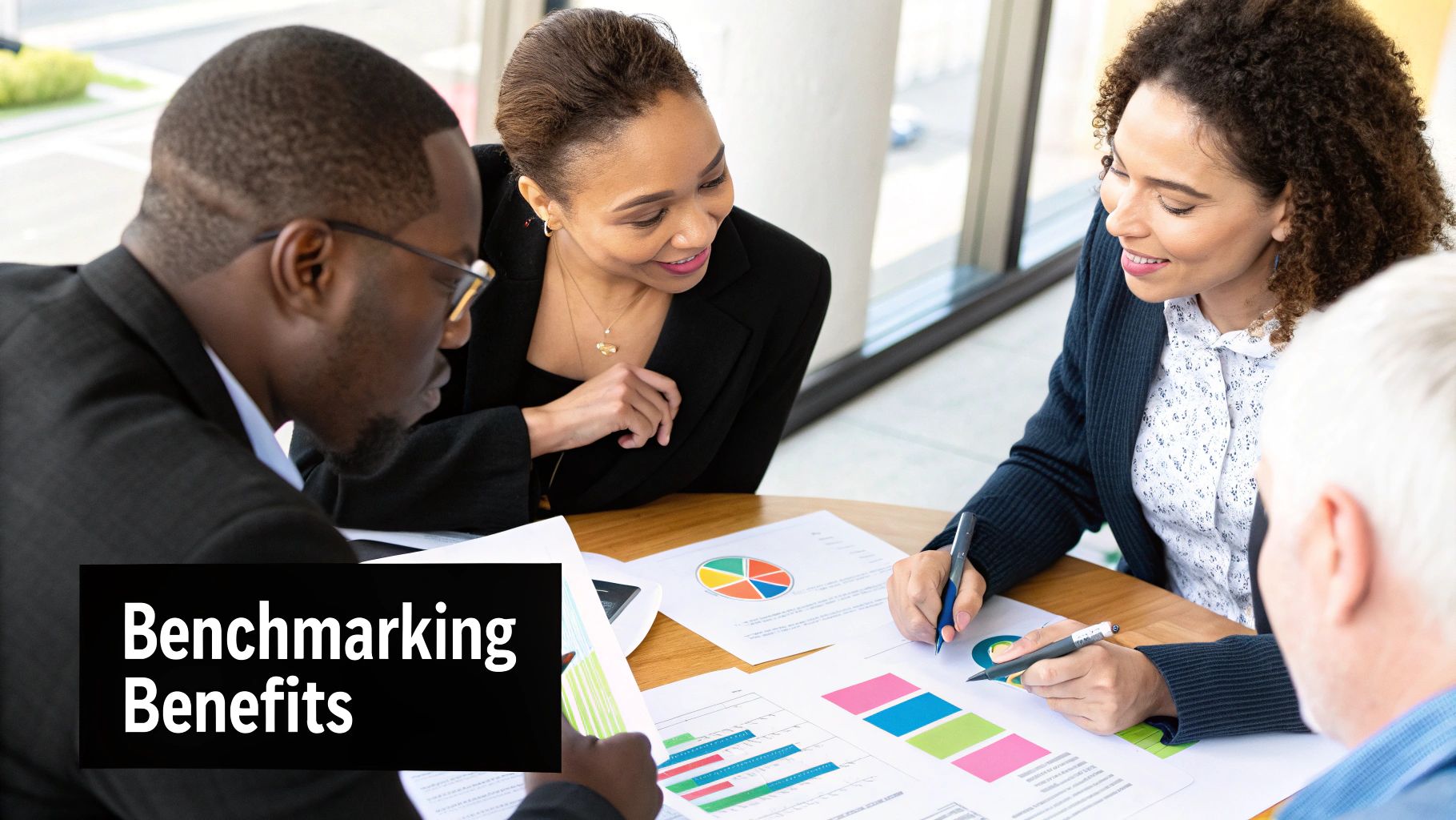Professionals in a modern office, looking at data on a screen and discussing strategy, conveying the idea of smart business decisions.