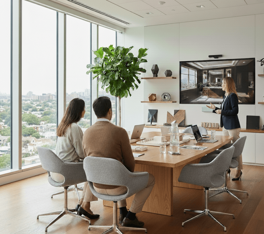 Une salle de conférence lumineuse avec une grande fenêtre. Une grosse plante est placée dans le coin gauche de la pièce, devant la fenêtre. Au fond de la salle une femme blonde bien vêtue présente un projet sur un écran. Sur l'écran on aperçoit une salle de bain design aux couleurs chaudes. De chaque côté de l'écran fixé au mur, il y a des tablettes avec des éléments décoratifs. Des chaises grises au design moderne entourent la table, sur cette table se trouvent des matériaux design. Une cruche d'eau en verre avec des verres est posée au centre de la table. Deux ordinateurs portables sont ouverts et placés l'un en face de l'autre. Un couple de personne est assis au bout de la table de conférence à l'opposé de l'écran au mur. Il y a un homme et une femme, la femme est vêtue en beige et l'homme est vêtu avec un pantalon beige et un pull à manche longue brun.