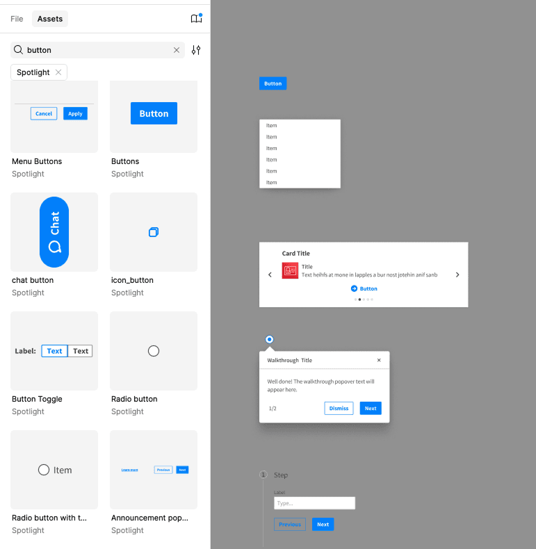 Figma component library showing various UI components