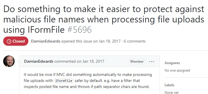 A user already asked about Directory Traversal attacks against IFormFile directly to .NET Core devs.