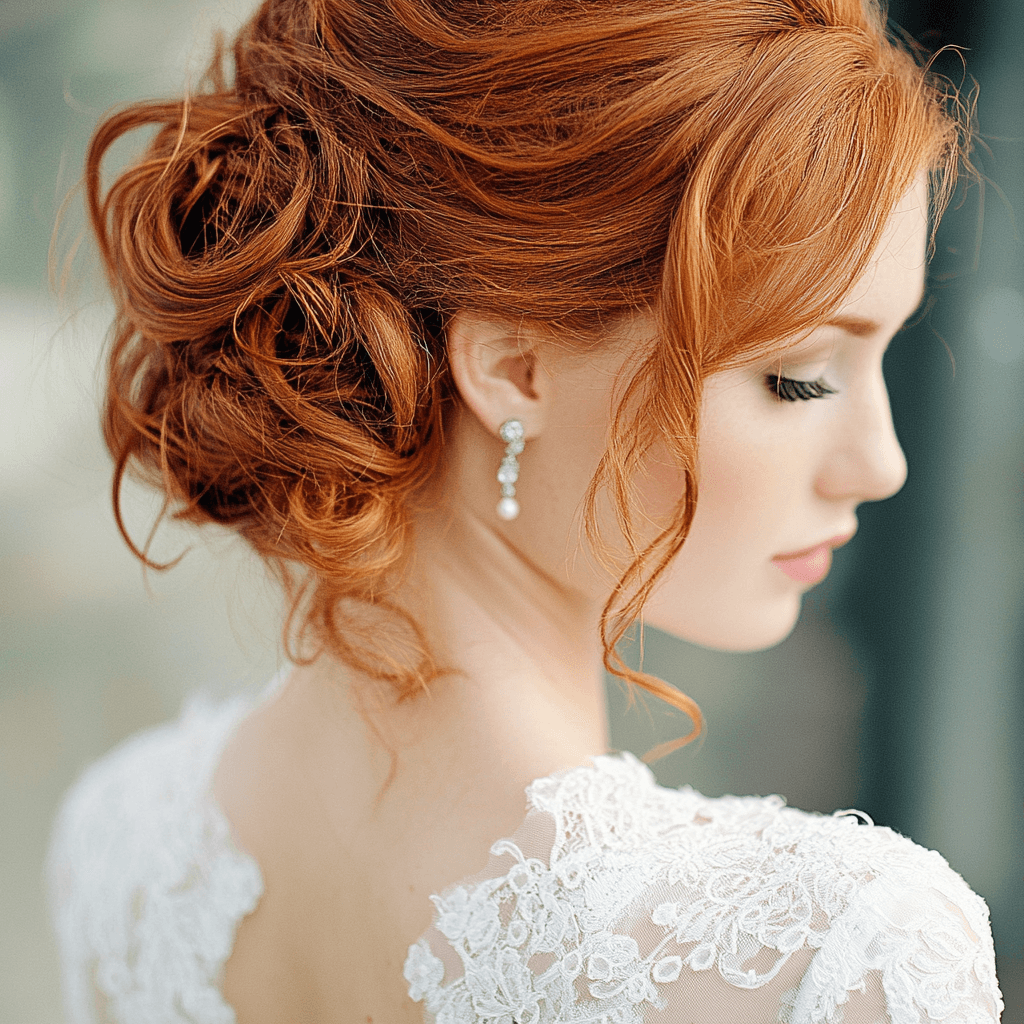Strahlende Brautfrisur für rote Haare mit weichen Wellen und einem edlen, voluminösen Hochsteck-Look.