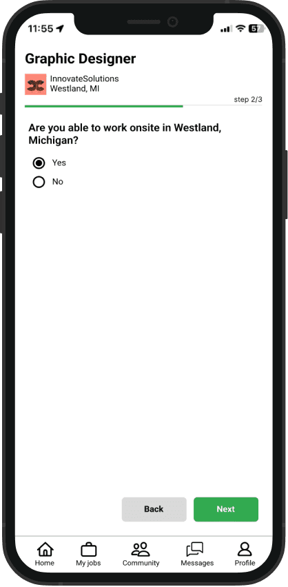 Image of a high fidelity phone screen showing application questions.