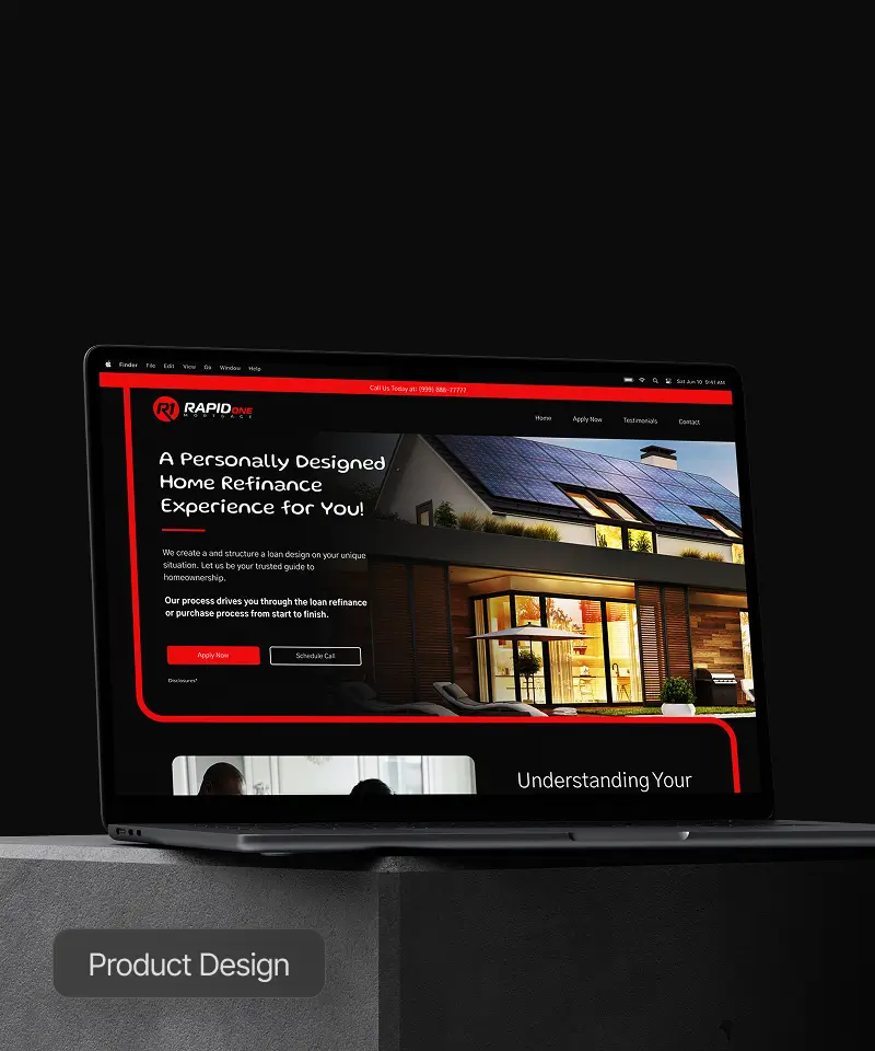 Rapid One Product Strategy case study: Modern and professional product design for a home refinance website displayed on a laptop.