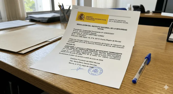 Resolución del Instituto Nacional de la Seguridad Social concediendo una Incapacidad Permanente Total para la profesión habitual.