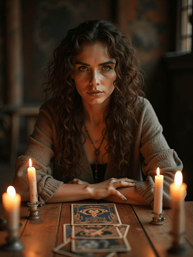 A woman with curly hair sits at a table surrounded by candles, looking intently at an Ouija board.