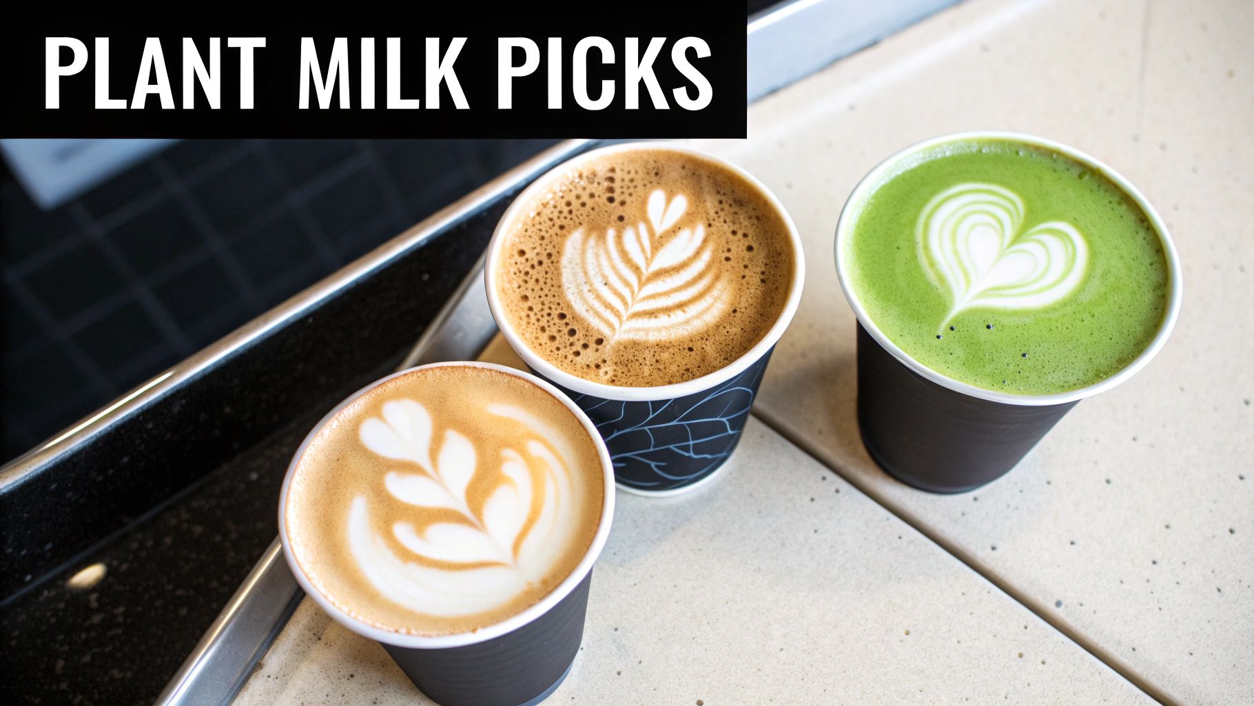 Three appealing plant milk lattes, two coffee with leaf art and one matcha with heart art, on a counter.