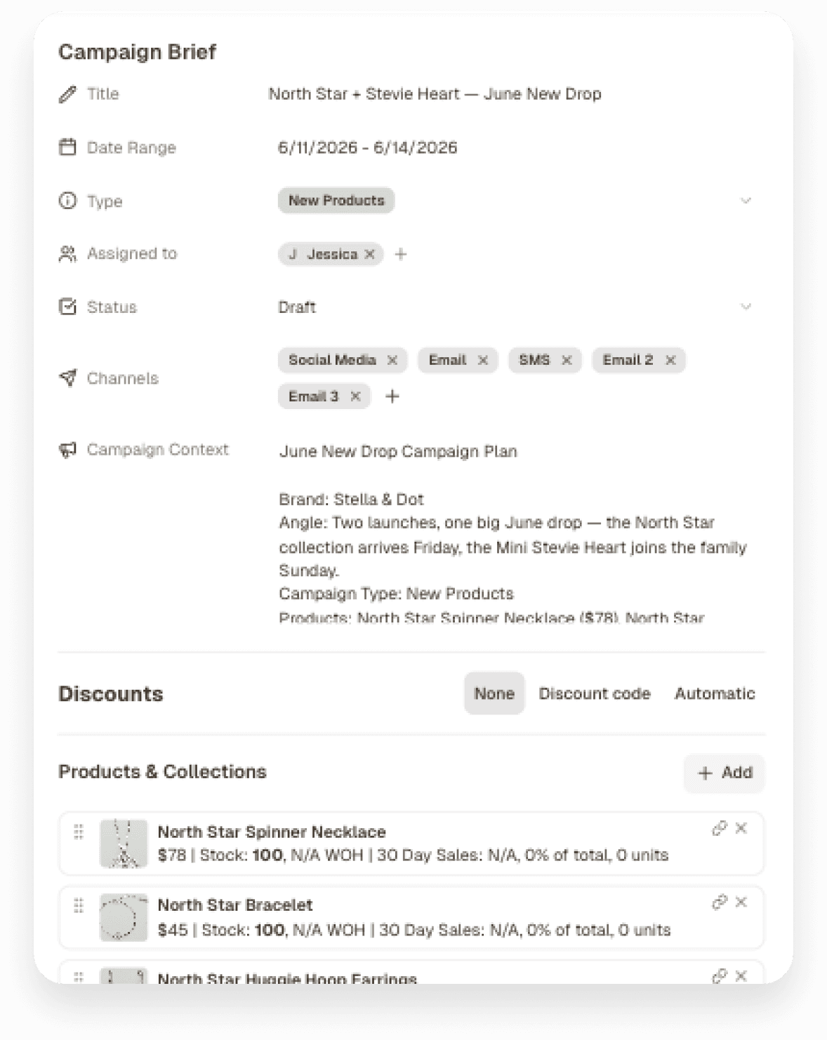 Marklo campaign canvas showing a full campaign brief with email, SMS, paid, and social channels laid out side by side