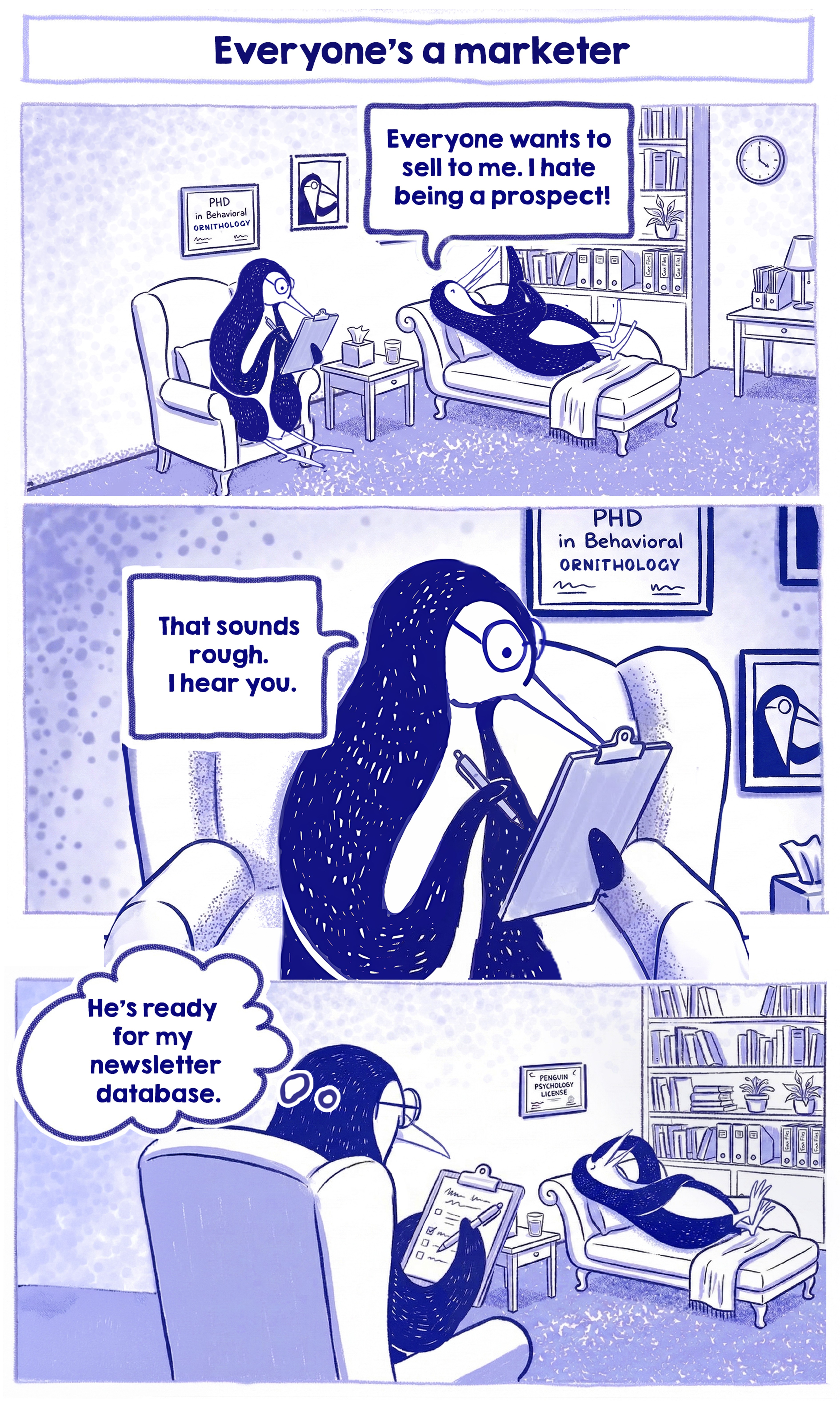 A three-panel blue-ink comic titled "Heavy weather." A penguin labeled "SDR" lies on a therapy couch telling the therapist, "The constant misery of selling to people who don't want to buy." The therapist penguin, holding a clipboard, thinks to himself in the final panel, "Oh boy, I should've brought aspirin." The comic humorously illustrates the mental toll of cold outreach and poor lead targeting.