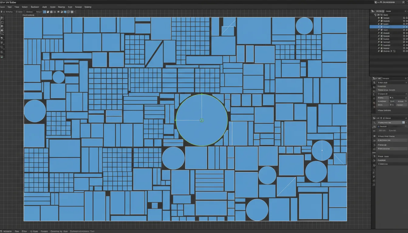 Screenshot of the Blender UV Editor interface, showing a complex and optimized UV map layout for a game art asset. The view is filled with densely packed geometric UV islands, rendered in a vibrant, solid cerulean blue with thin outlines, arranged on a dark charcoal-gray canvas with a subtle grid pattern. The layout features a mix of many small squares in tight grids, long rectangles, circles, and a few irregular polygons. A single circular island and a few vertices are highlighted in a bright lime green, indicating they are selected. The overall aesthetic is technical, clean, and schematic.