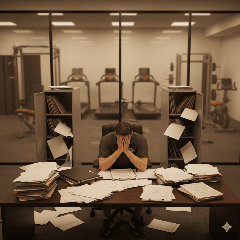 Man in office overwhelmed by paperwork