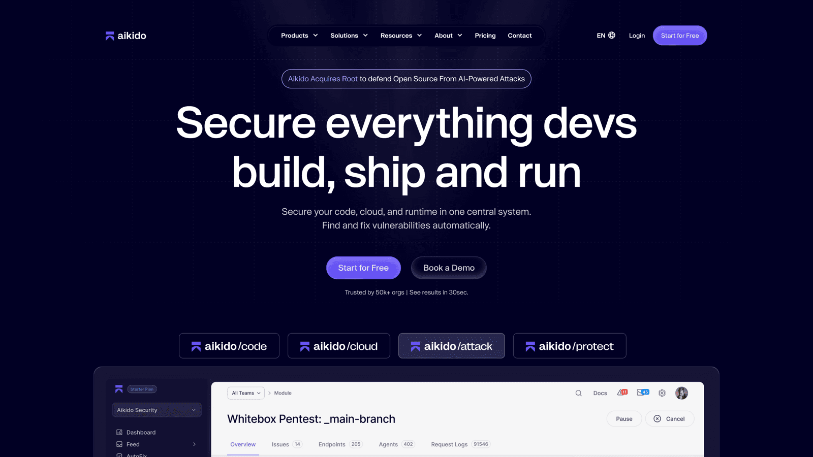 Aikido Security homepage with the headline Secure everything devs build, ship and run