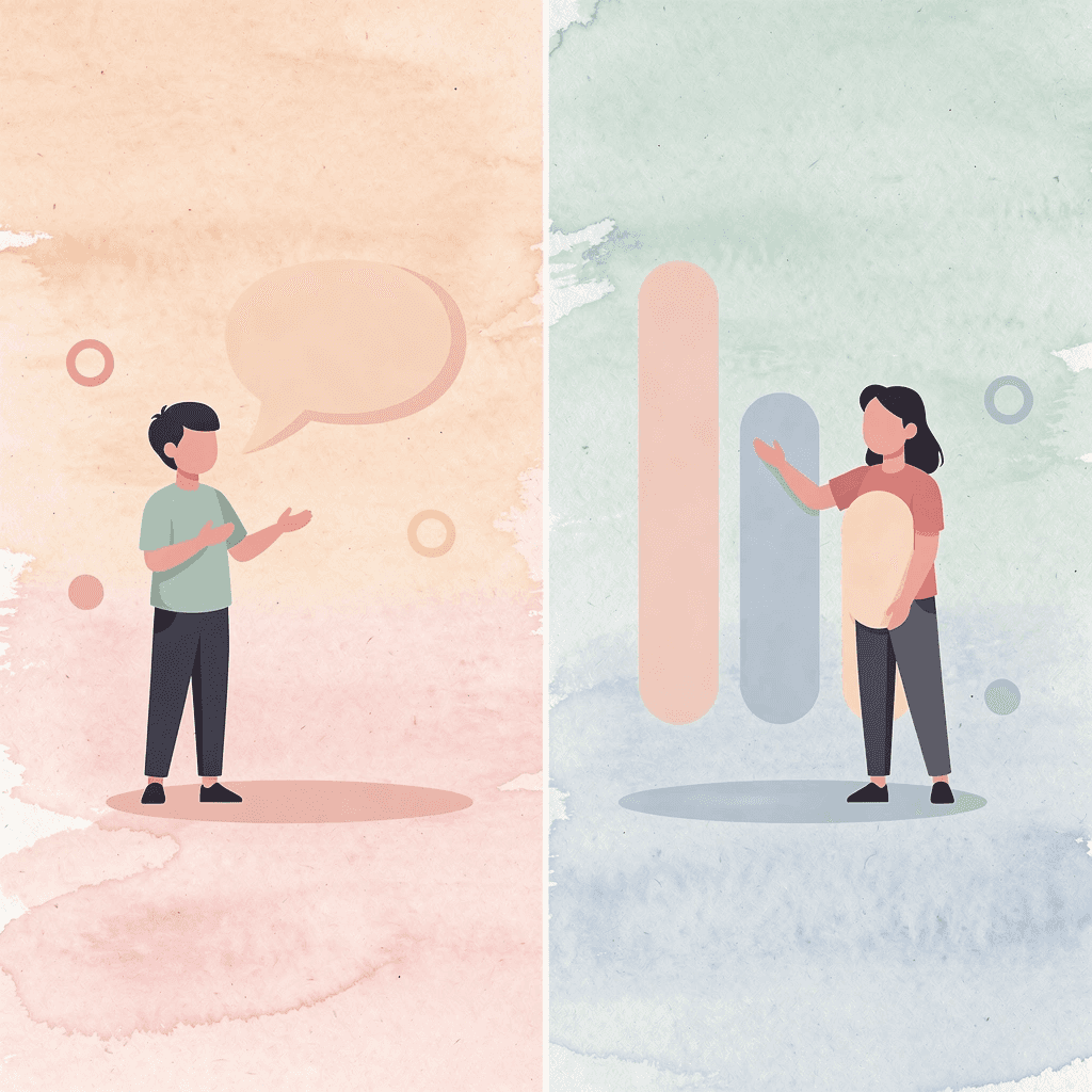 Split scene showing contrast between studying alone and speaking confidently