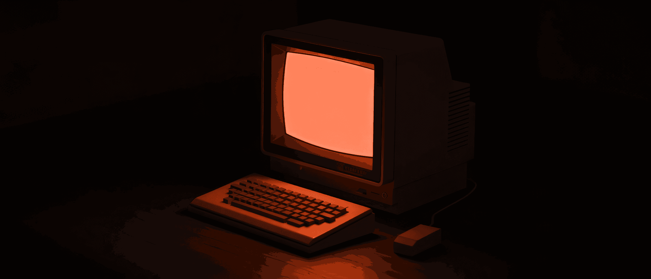 A dimly lit vintage computer with an orange-tinted screen, sitting on a dark surface.