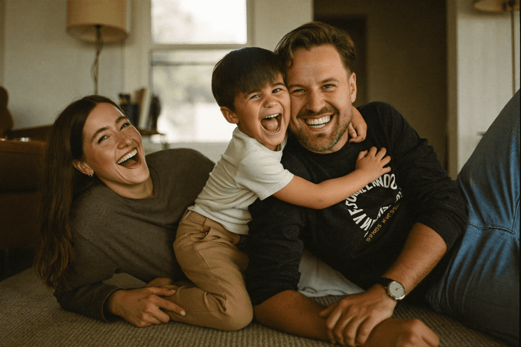 A happy family laughing together at home