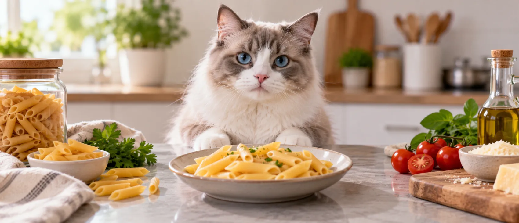 A Ragdoll cat resting its paws on a counter beside a bowl of penne pasta.