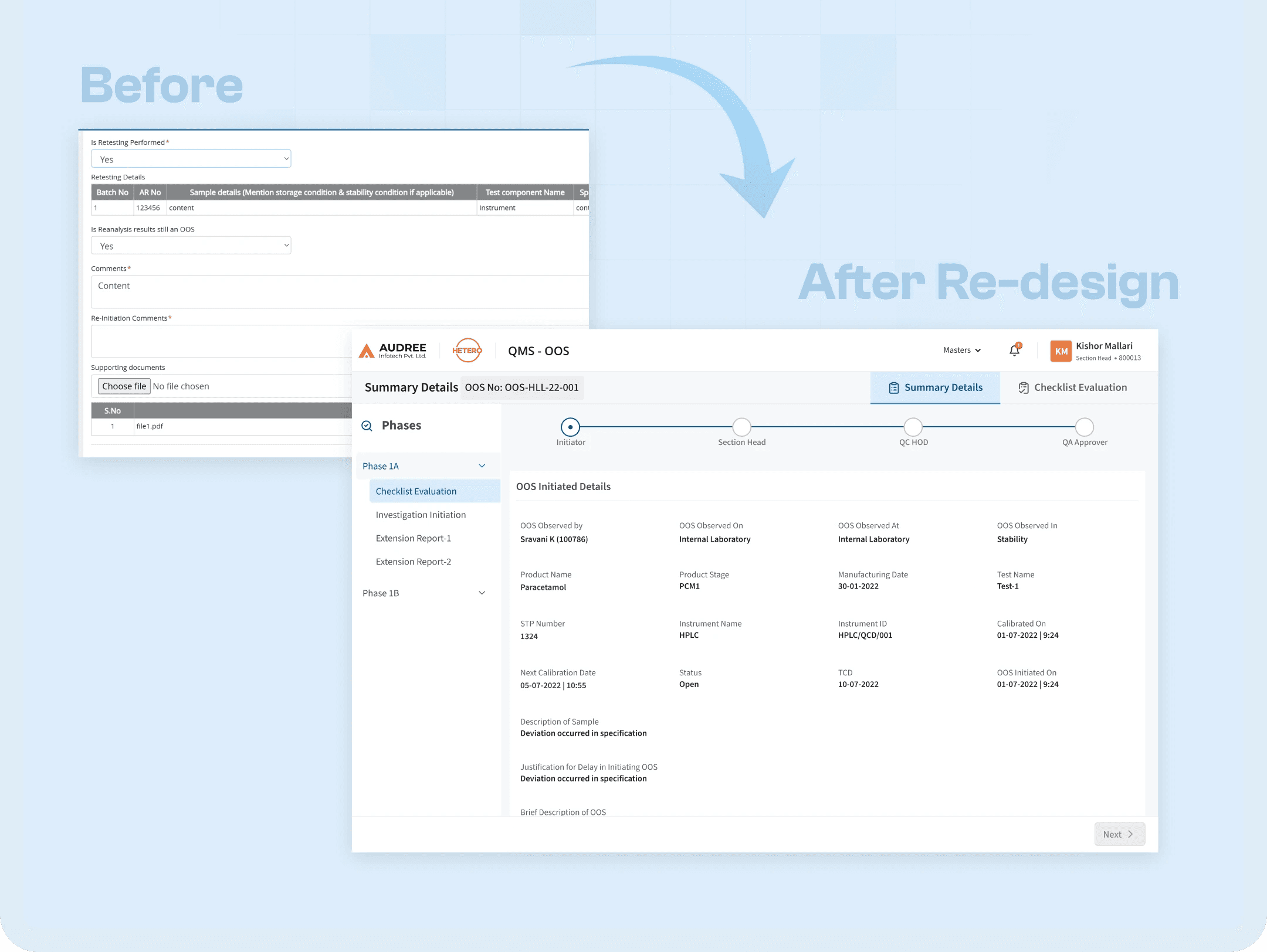OOS software old and new redesign screens