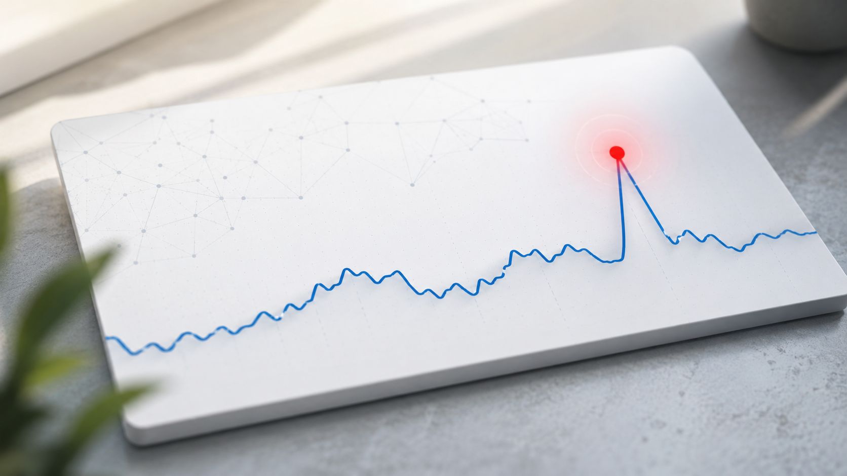 A 3D rendered chart on a white surface shows a sharp data spike with a glowing red highlight.