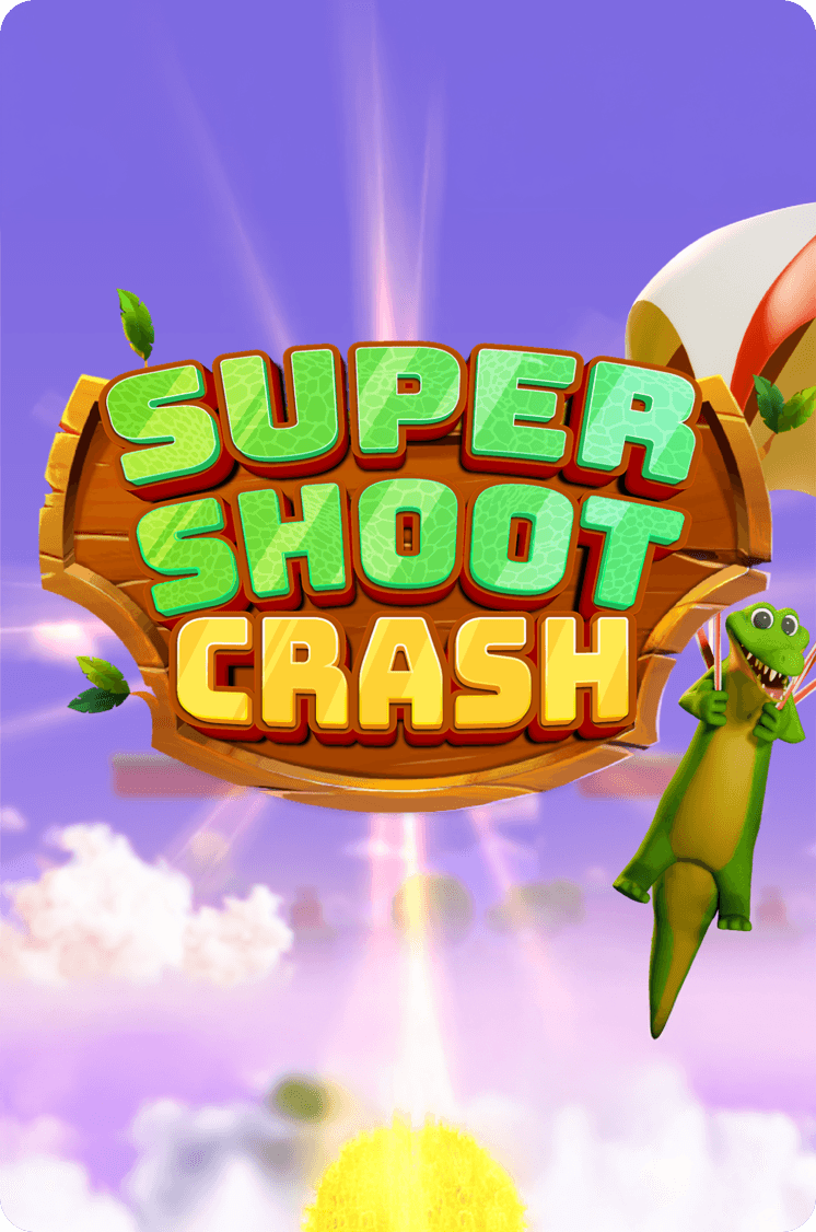 Supershoot Crash logo with crocodile flying in background with parachute