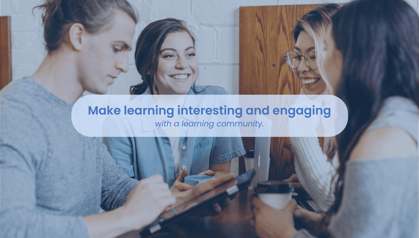 A group of happy people having coffee and chatting with each other resembling the aspects of thriving online learners community.