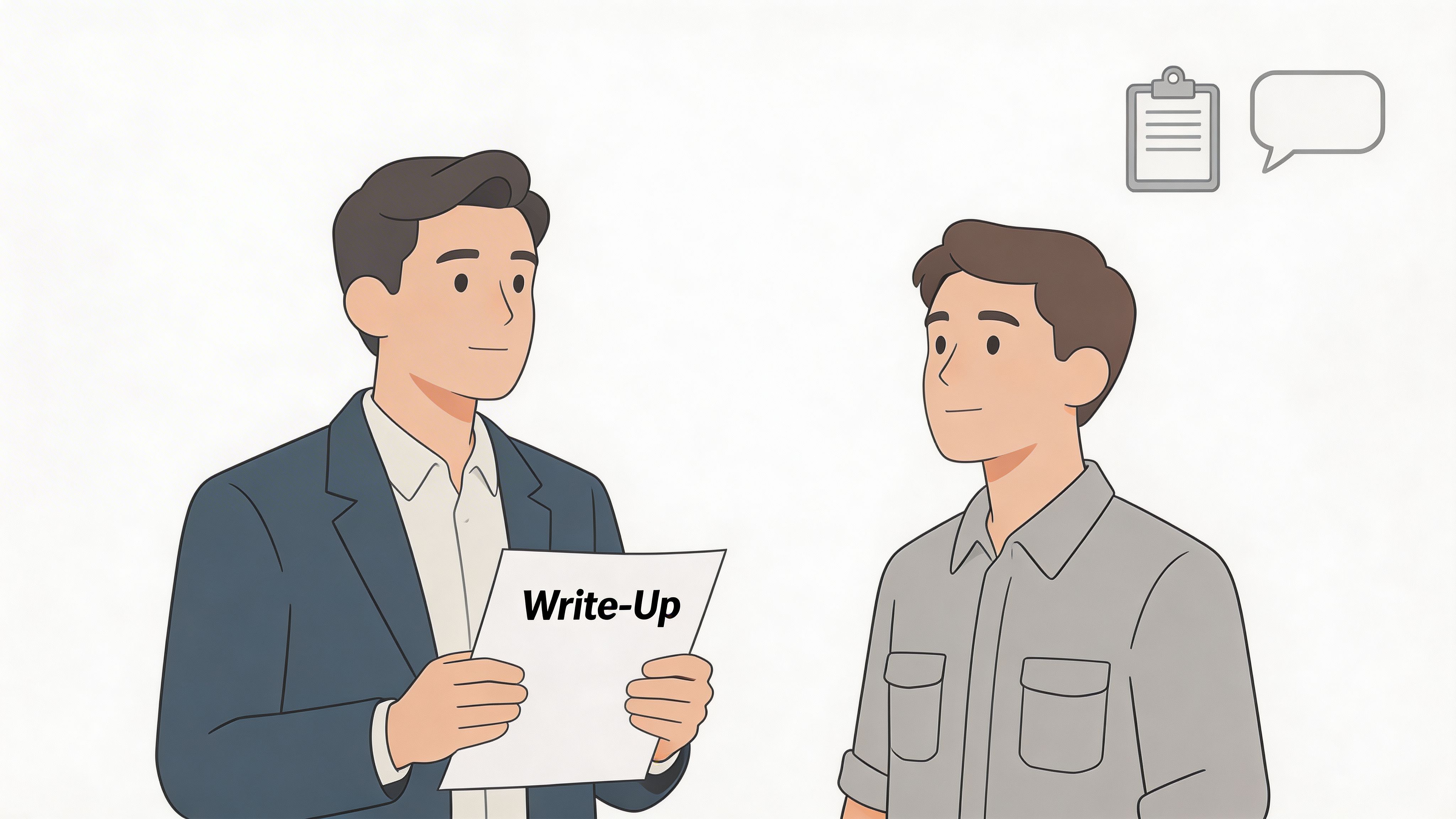 A professional manager holding a write-up document while having a conversation with an employee in an office.