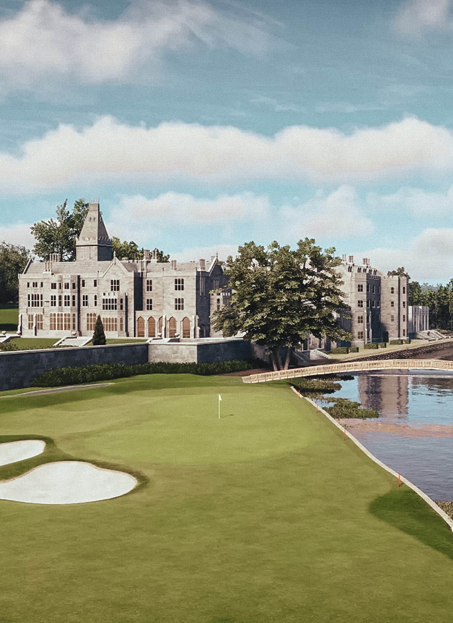 TrackMan iO course view of a parkland hole beside a lake and manor house