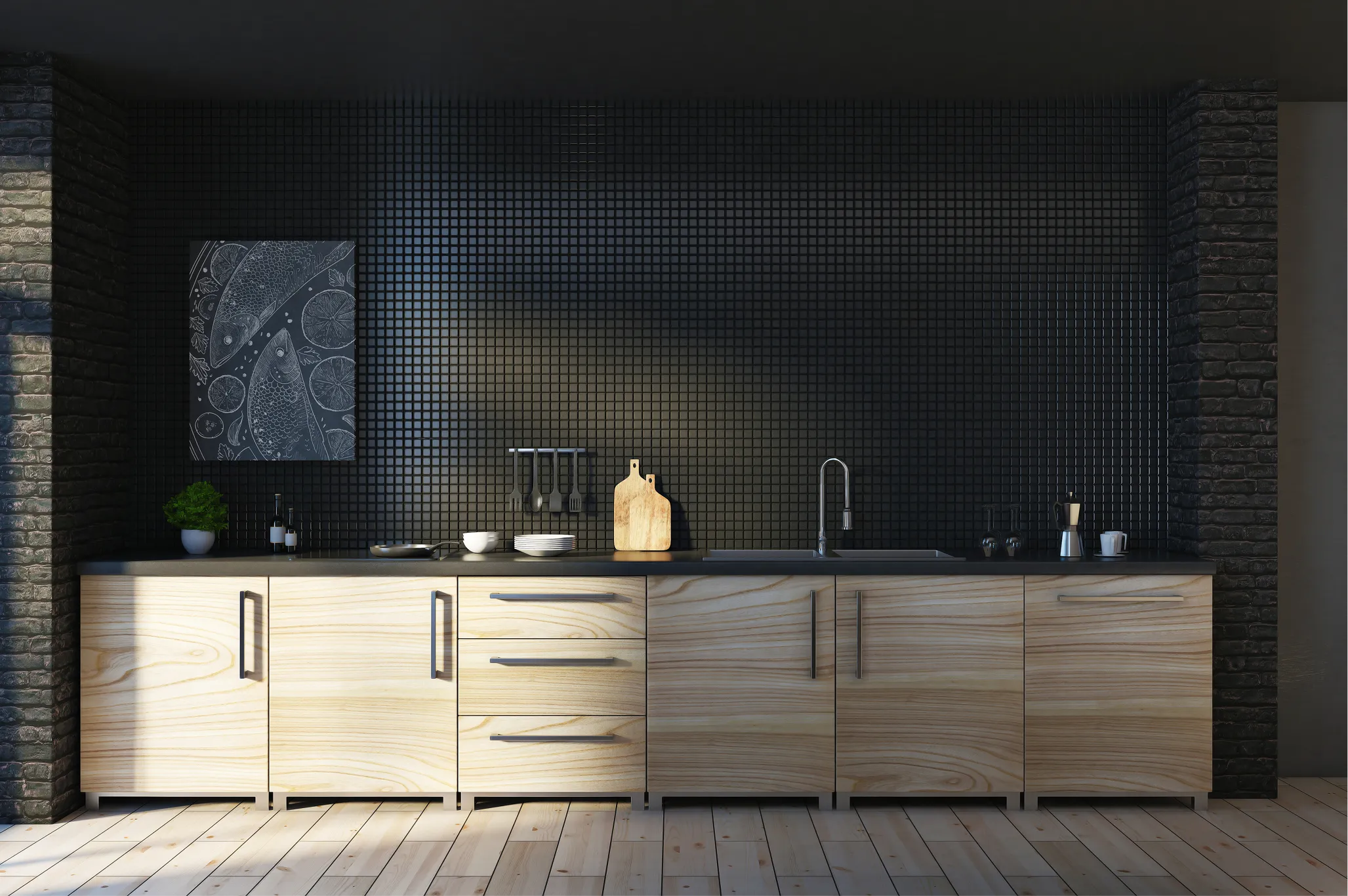 Minimalist kitchen featuring light wood cabinets, black tiled backsplash, and sleek modern fixtures with sunlight.