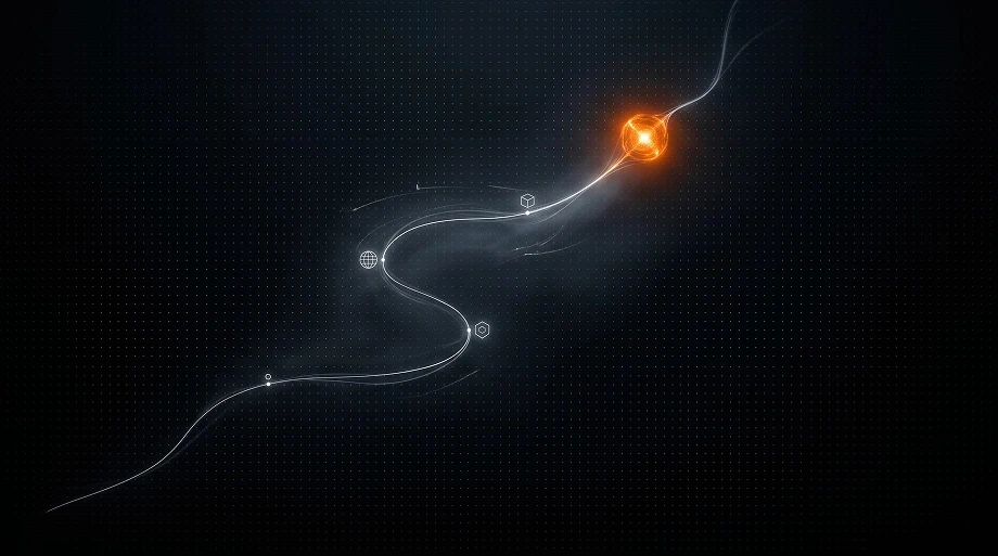 Abstract digital network on a dark background, with glowing white connection lines leading to a bright orange node, conveying energy and innovation.