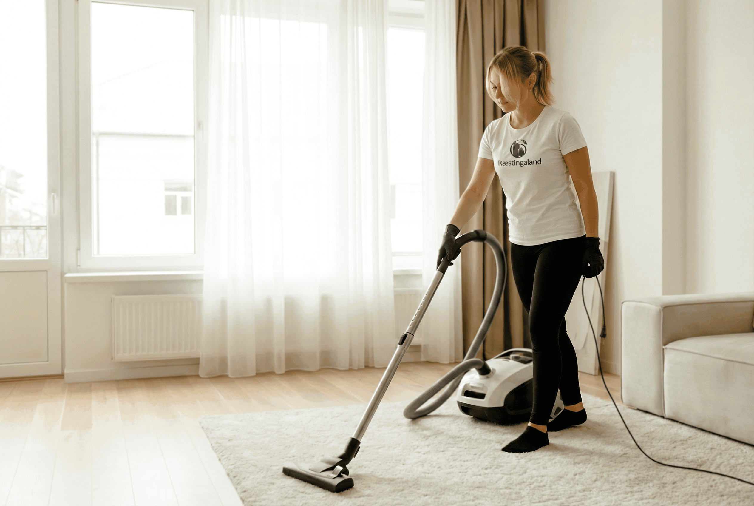 Starfsmaður Ræstingaland að þrífa skrifborð á skrifstofu.