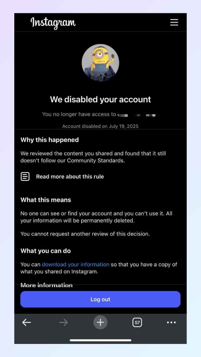 instagram account permanently disabled notification