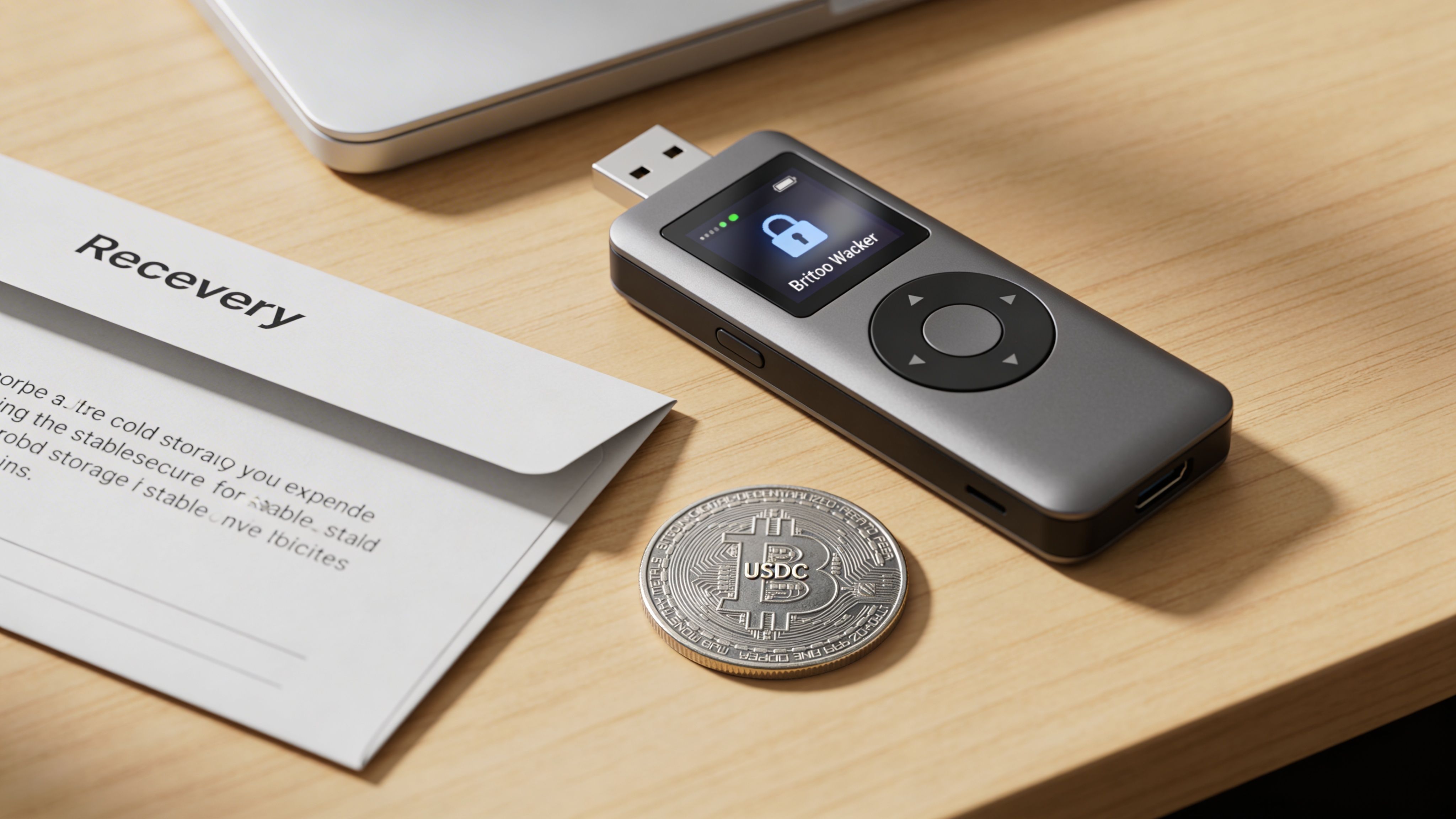 A hardware crypto wallet resting next to a silver Bitcoin coin and a recovery seed phrase envelope.