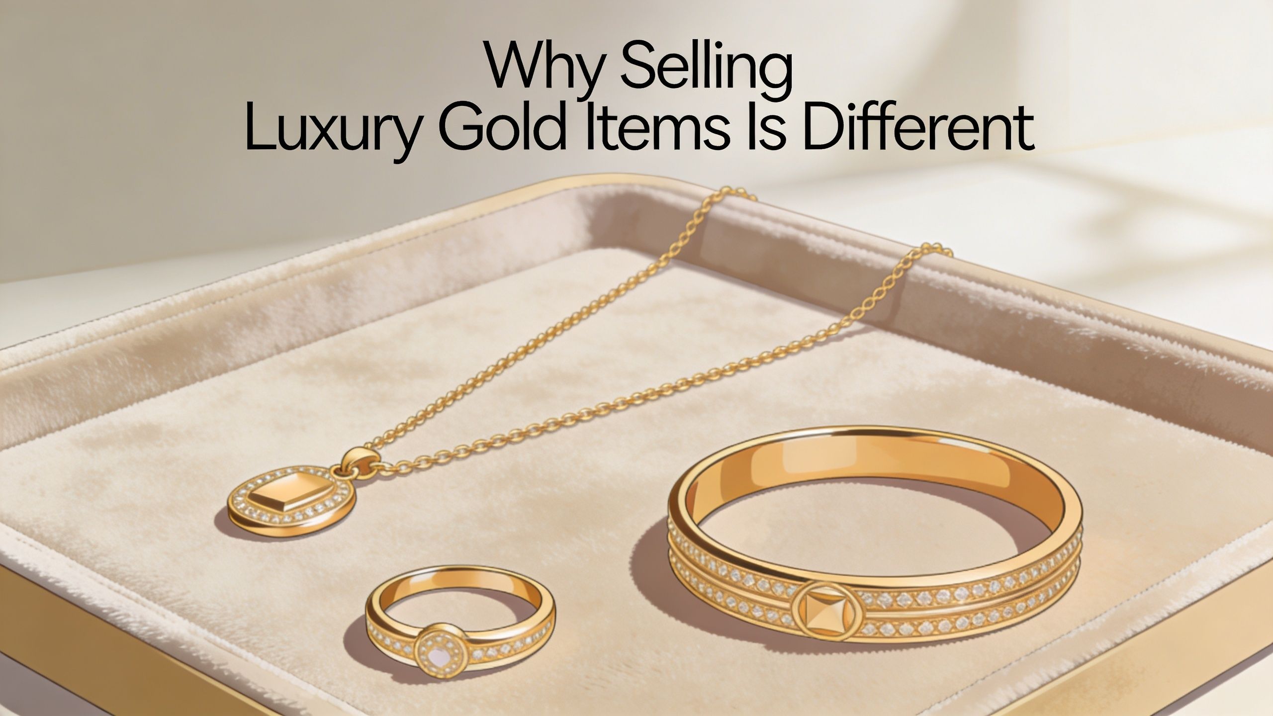 An elegant display of gold jewelry, including a necklace, a ring, and a bangle, on a velvet tray.