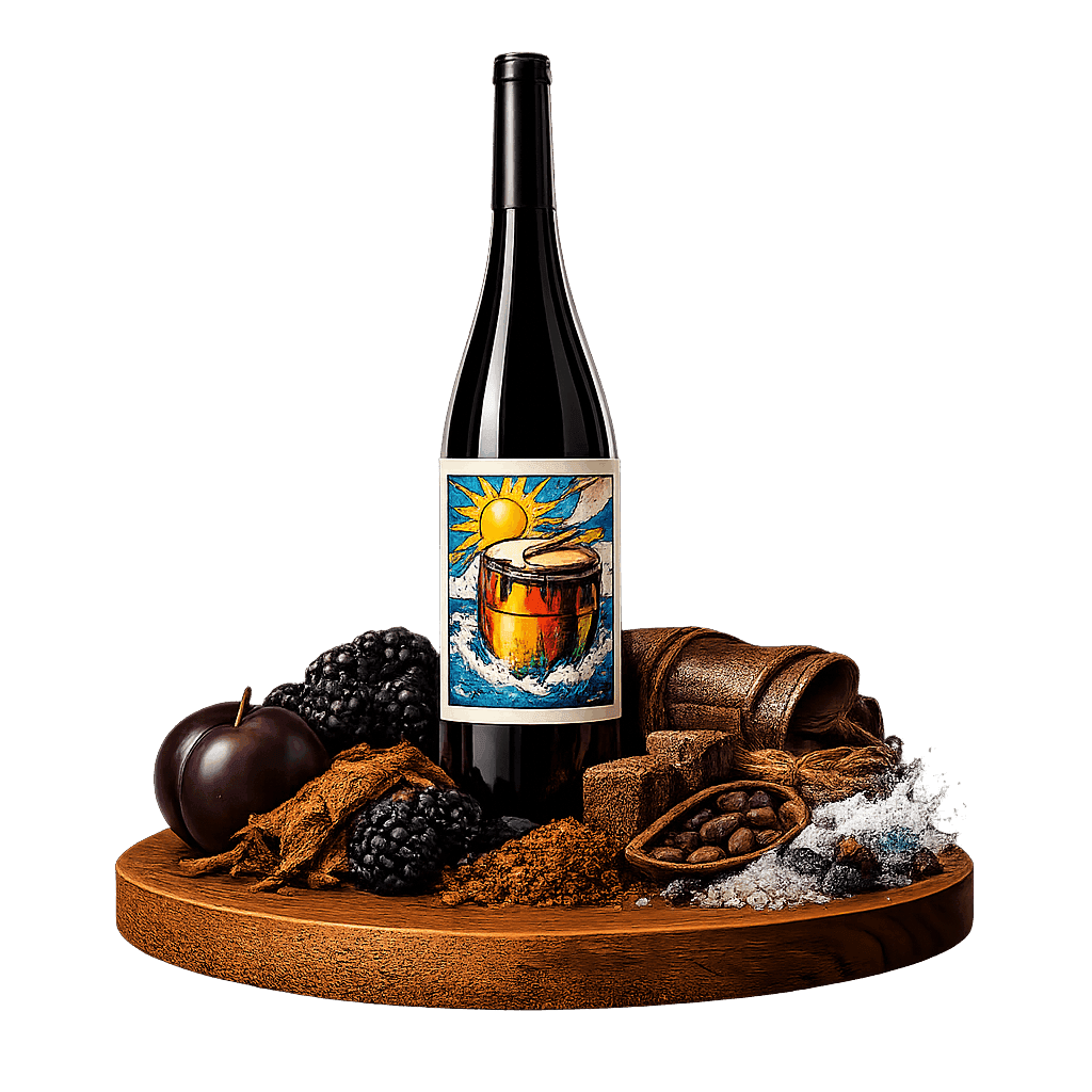 Artistic label and flavor profile for Montevideo Red on a rustic wooden table.