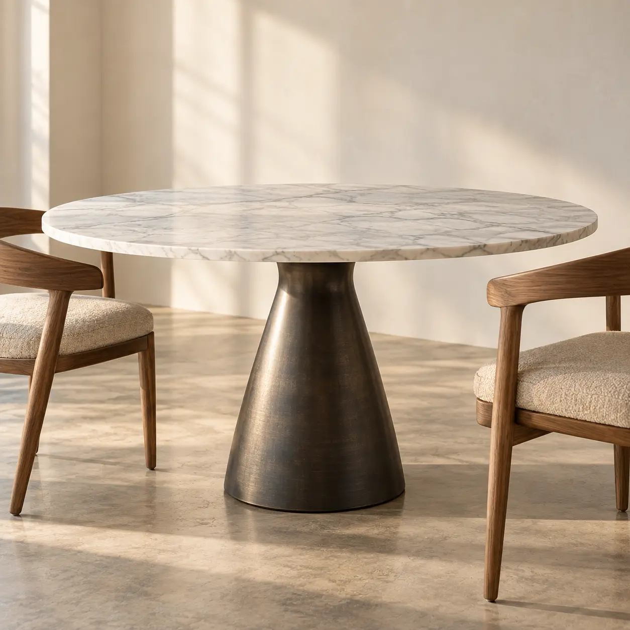 Round pedestal dining table with a white marble top and a dark metal base, with two oak chairs