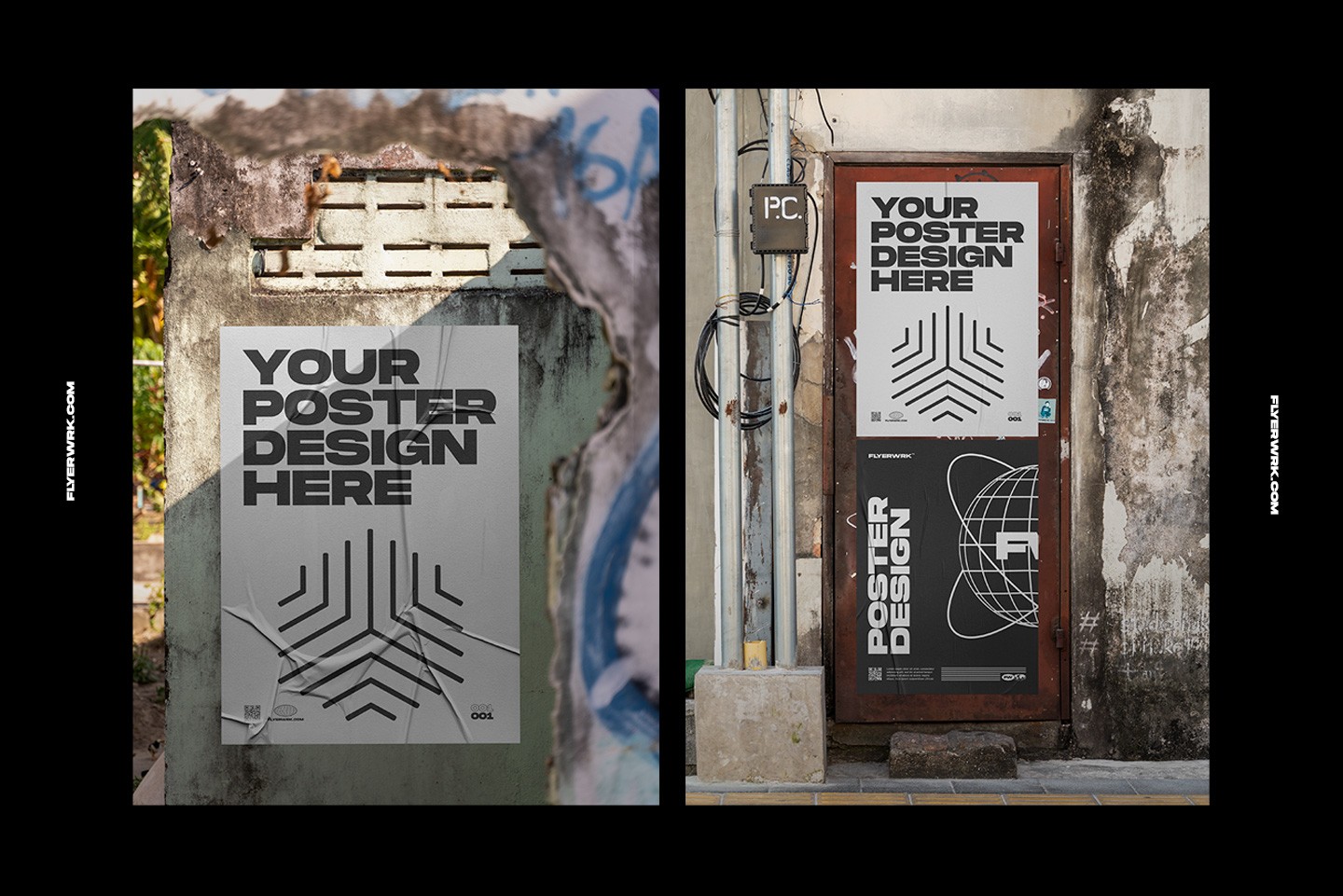 Urban poster wall mockup scene showing four posters on graffiti covered door