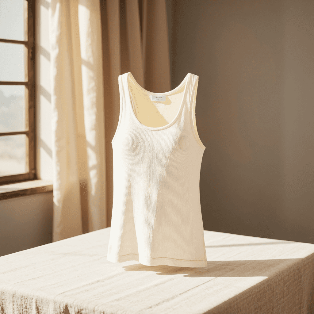 product photography of a tank top with ribbed texture and a soft lining